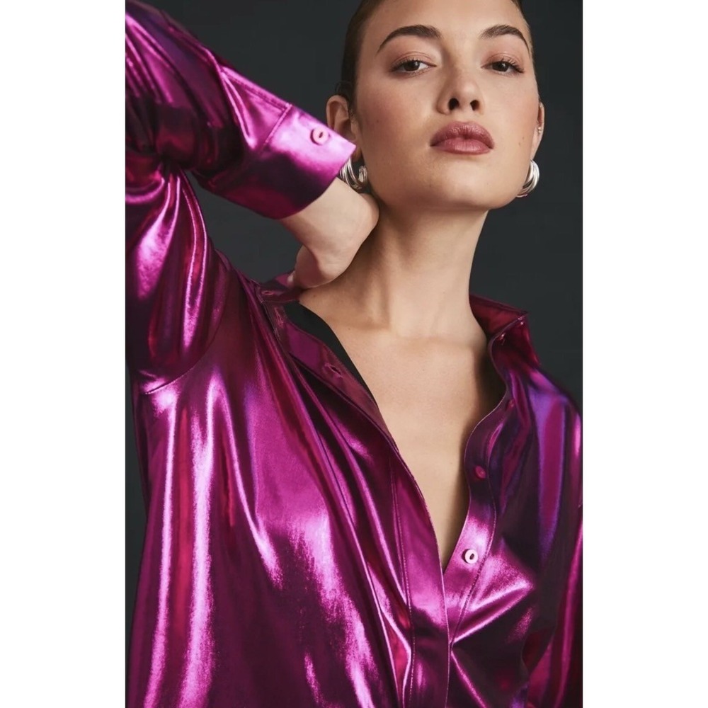 By ANTHROPOLOGIE Magenta Pink Shimmer Shine Lamé Buttondown Top Blouse X-Small - Picture 12 of 16